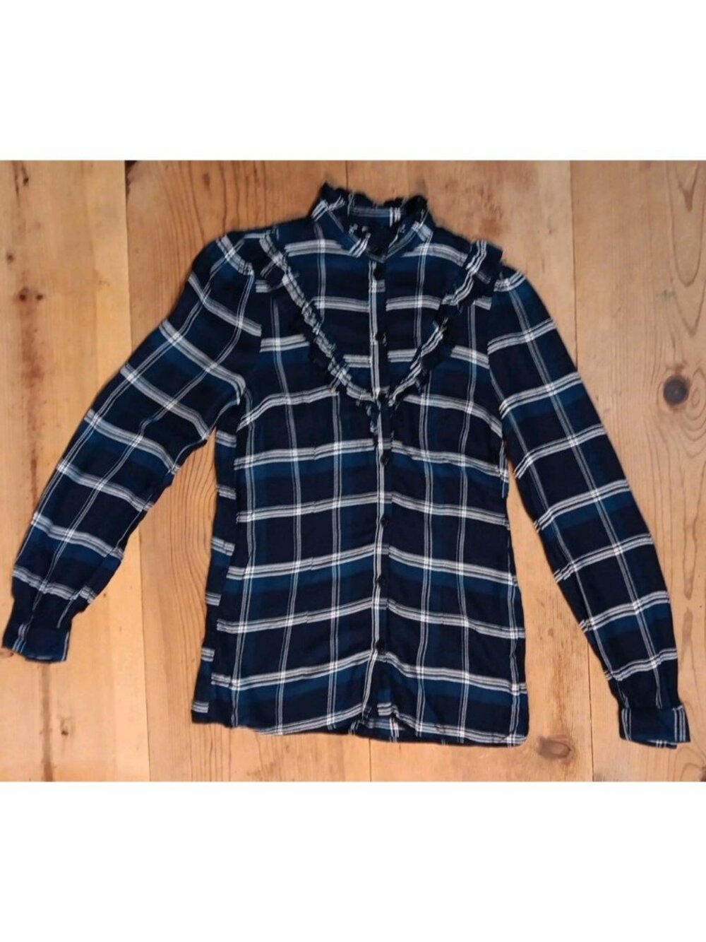 Baum und Pferdgarten Women 6 36 Blouse Ruffle Collar Yoke Button Up Blue Viscose